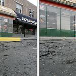 (Side by side composite of the same view.)<BR>
– Pedestrian injury scene, manhole cover near bus stop, Bklyn., NY.<BR>The nature of the depression is hidden until a level and ruler are inserted.<BR>Two digital diagrams with measurements were also created.